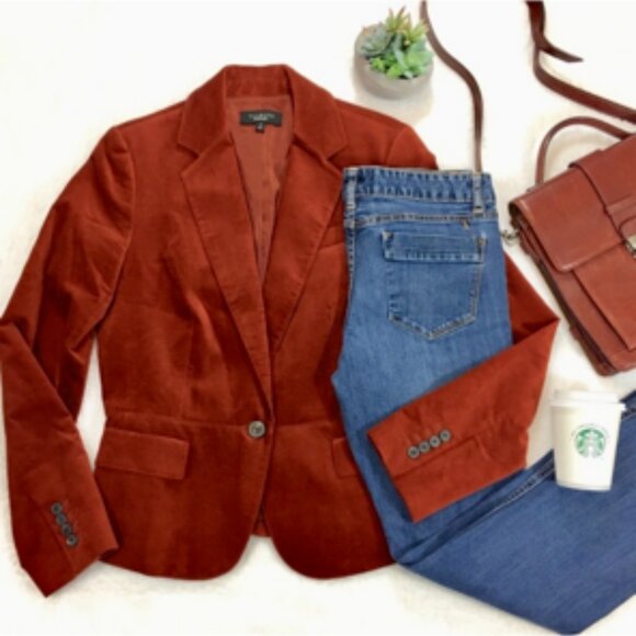 Talbots Velvet Blazer Burnt Orange Rust Single Button Fitted Tailored 10 - Picture 1 of 7